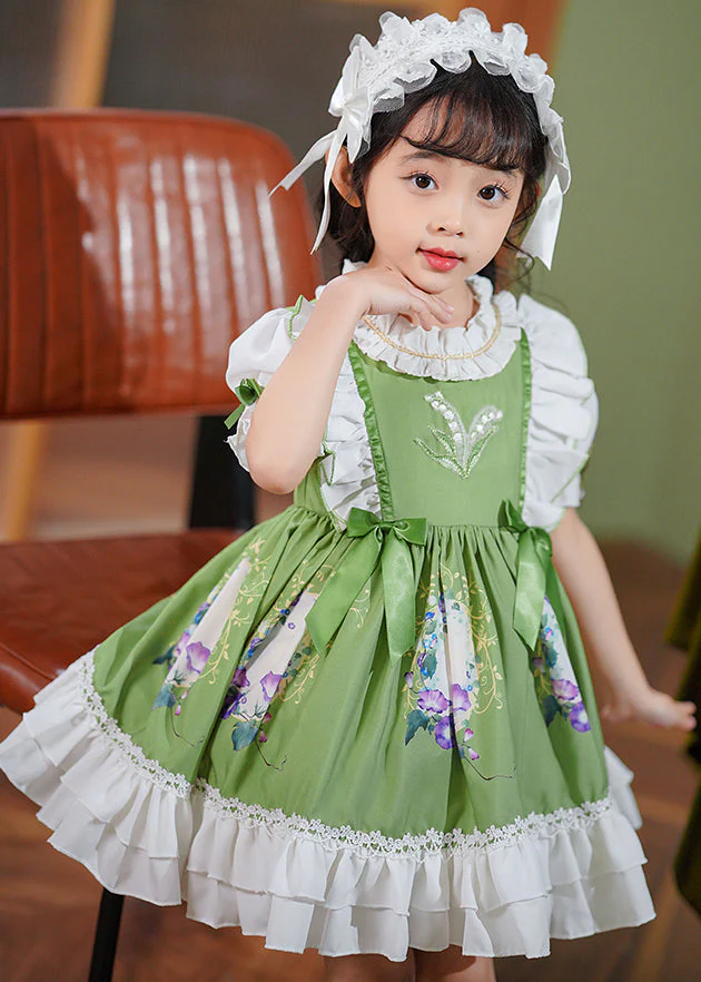 Art Green Ruffled Patchwork Bow Cotton Baby Girls Maxi Dresses Summer - Image 2