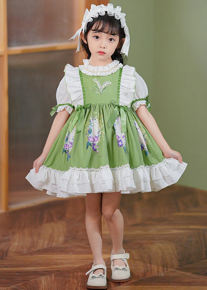 Art Green Ruffled Patchwork Bow Cotton Baby Girls Maxi Dresses Summer - Image 3