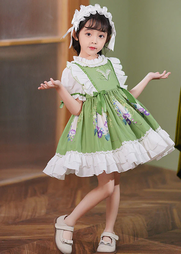 Art Green Ruffled Patchwork Bow Cotton Baby Girls Maxi Dresses Summer - Image 4