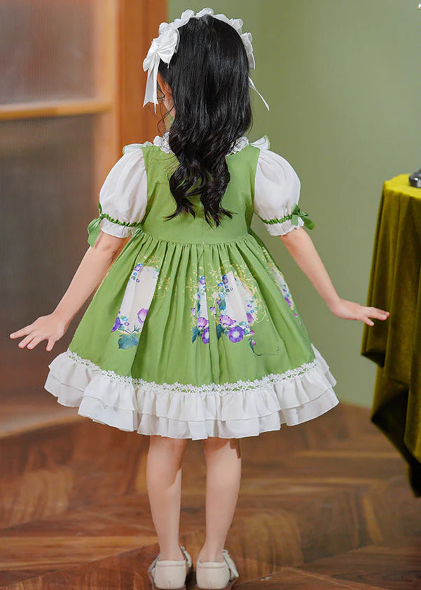 Art Green Ruffled Patchwork Bow Cotton Baby Girls Maxi Dresses Summer - Image 5