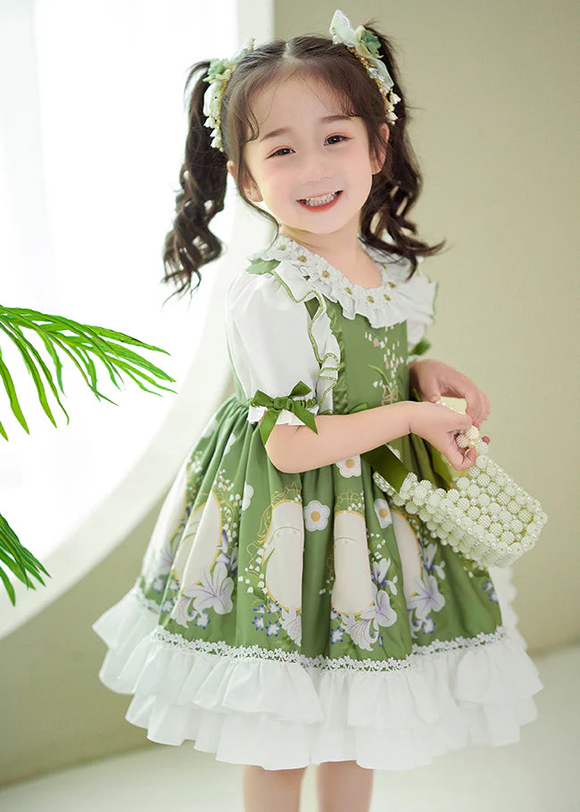 Art Green Ruffled Patchwork Print Cotton Baby Girls Dresses Summer - Image 2