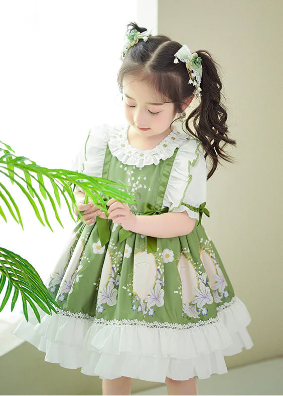 Art Green Ruffled Patchwork Print Cotton Baby Girls Dresses Summer - Image 3