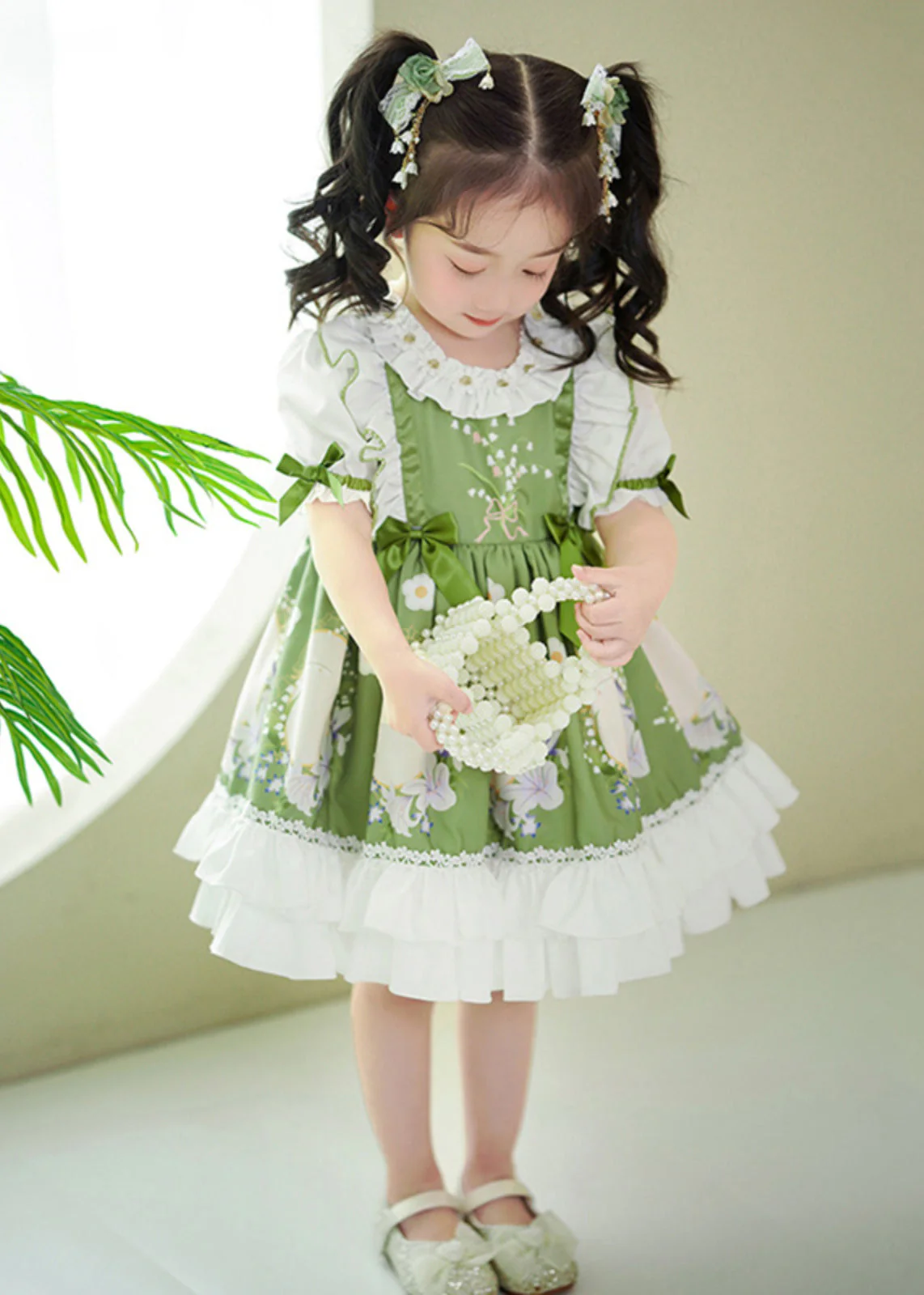 Art Green Ruffled Patchwork Print Cotton Baby Girls Dresses Summer - Image 4