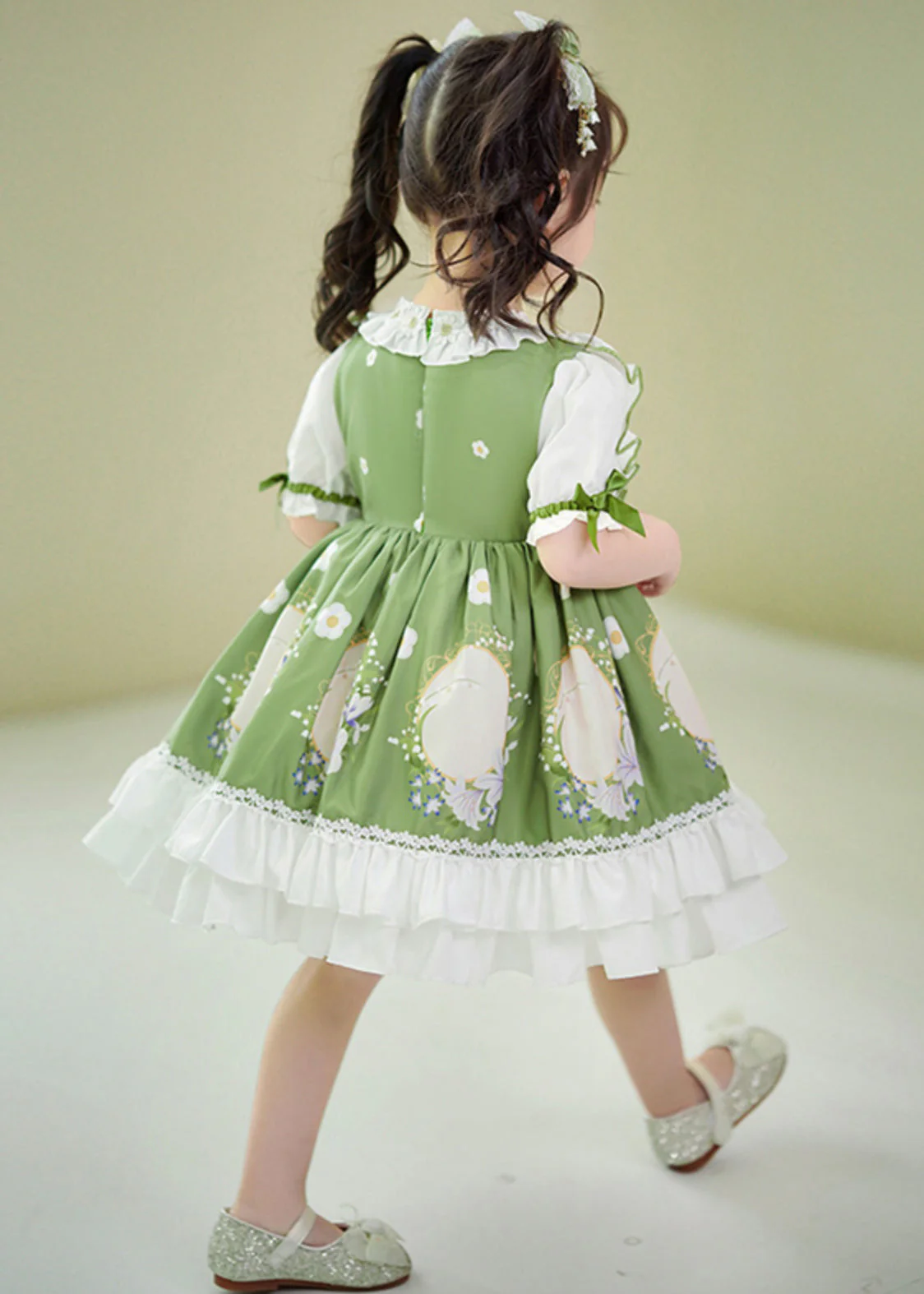 Art Green Ruffled Patchwork Print Cotton Baby Girls Dresses Summer - Image 5