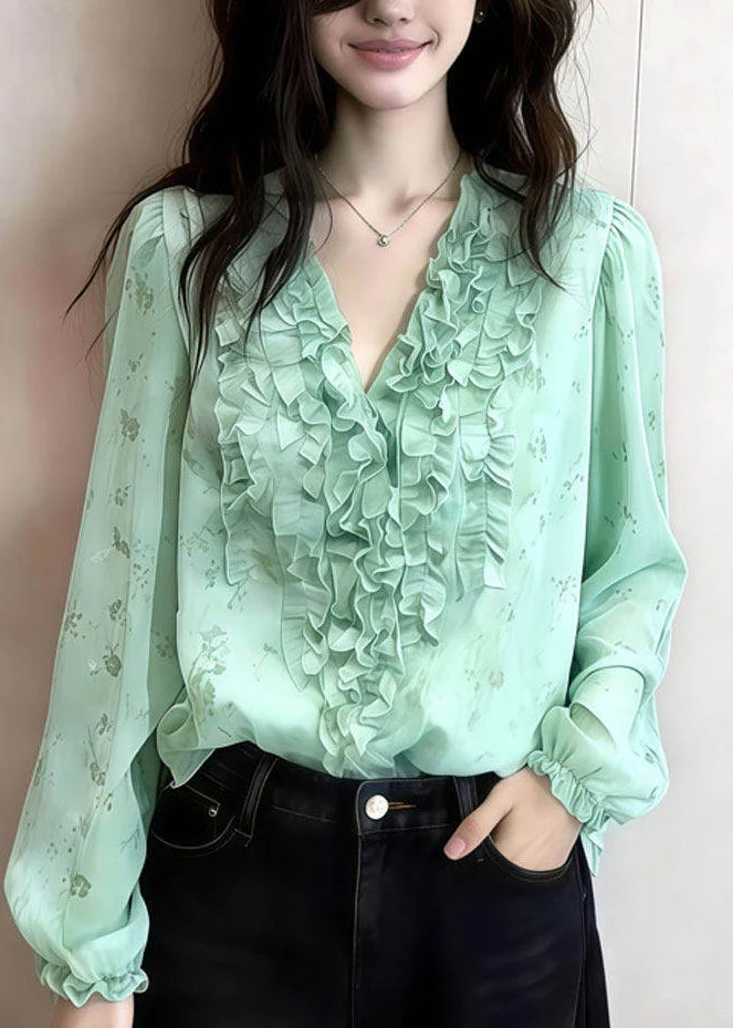 Art Green Ruffled Print Chiffon Blouses Spring - Image 4