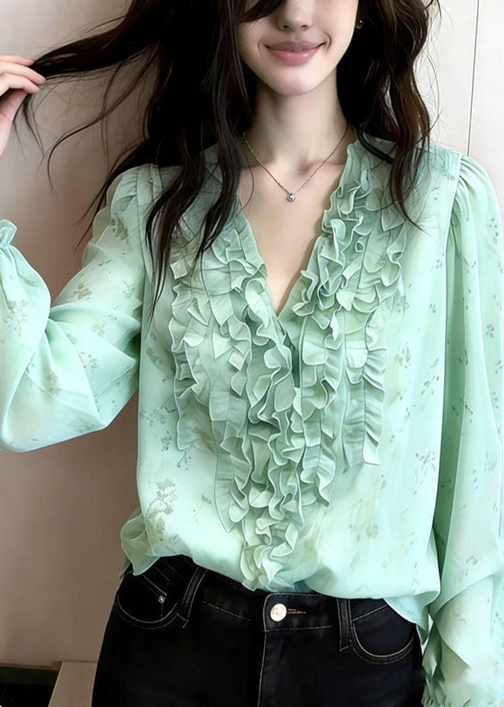 Art Green Ruffled Print Chiffon Blouses Spring - Image 5