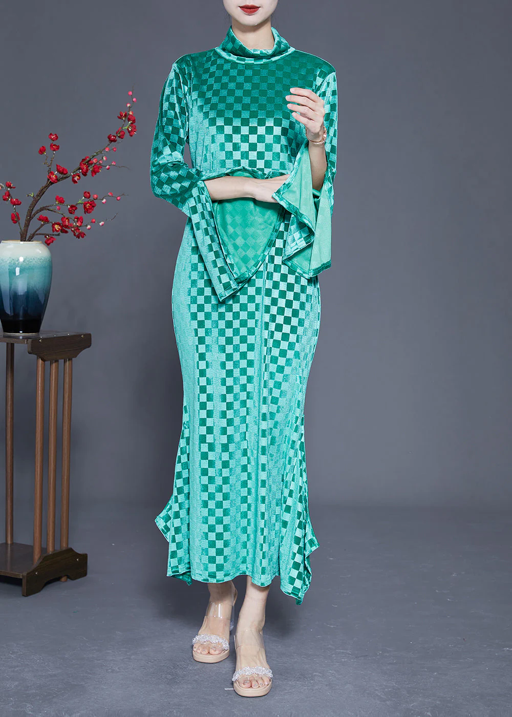 Art Green Stand Collar Plaid Side Open Silk Velour Long Dress Flare Sleeve - Image 2