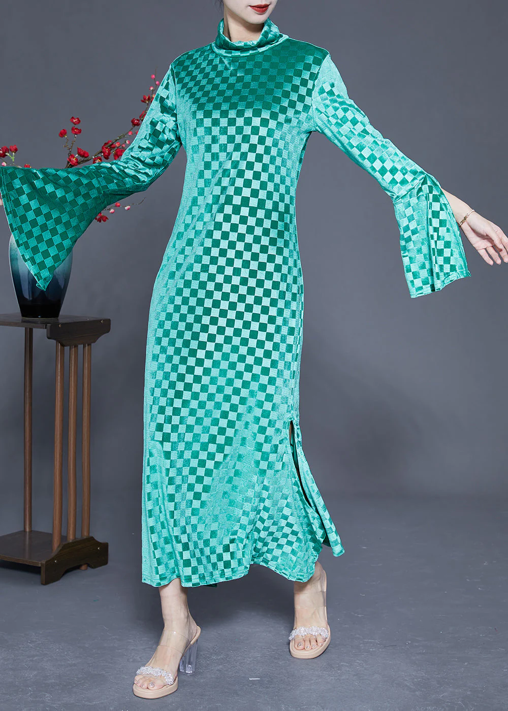 Art Green Stand Collar Plaid Side Open Silk Velour Long Dress Flare Sleeve - Image 3