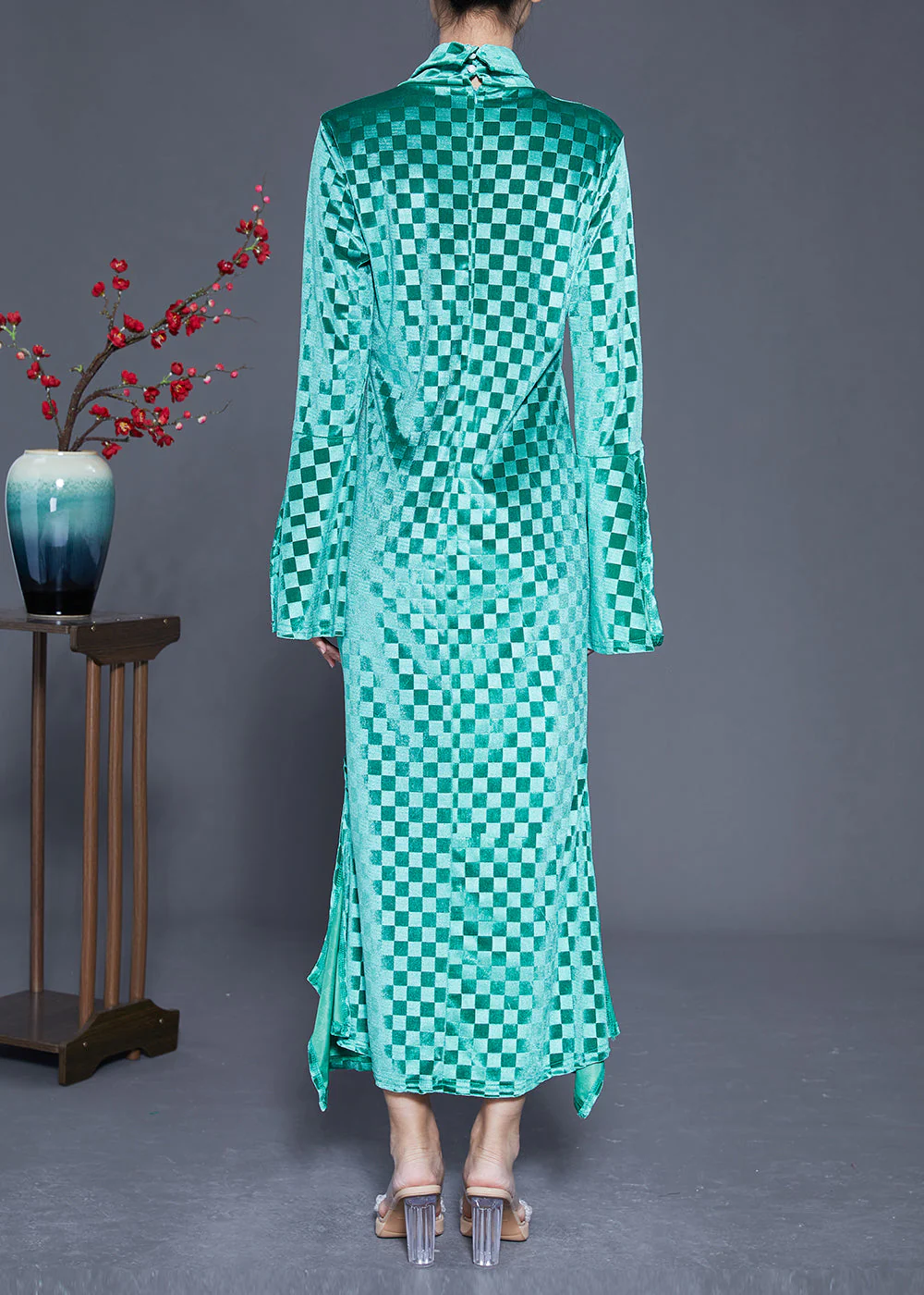 Art Green Stand Collar Plaid Side Open Silk Velour Long Dress Flare Sleeve - Image 4