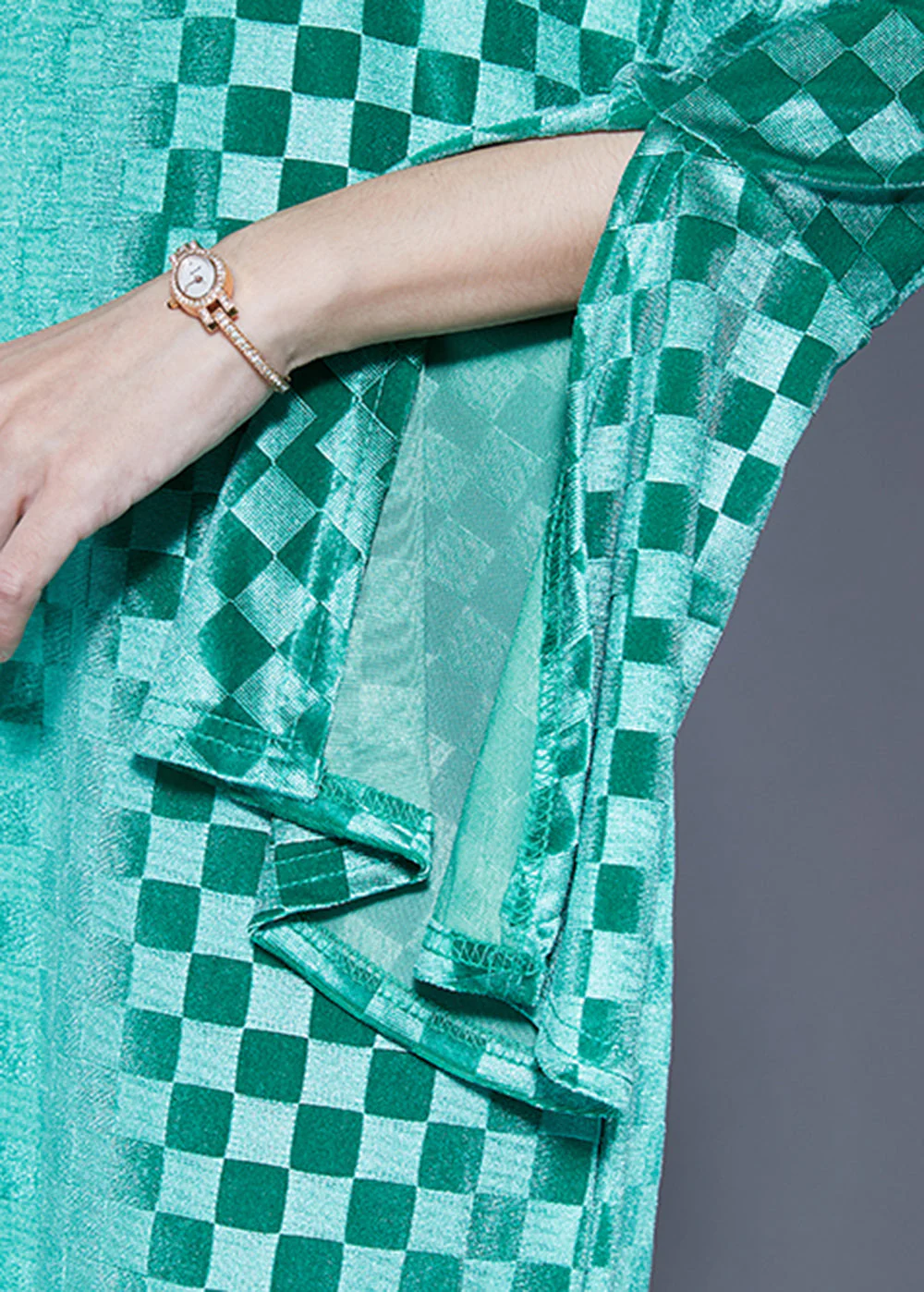 Art Green Stand Collar Plaid Side Open Silk Velour Long Dress Flare Sleeve - Image 5