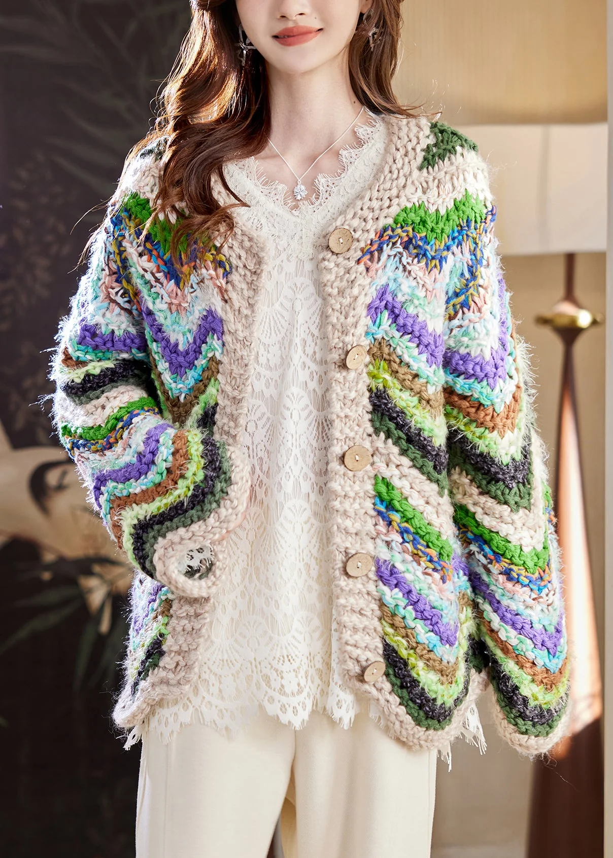 Art Green Striped Button Patchwork Knit Coats Spring - Image 2
