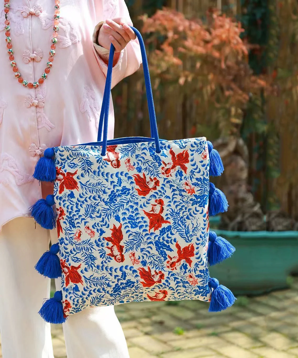 Art Green Tasseled Jacquard Cotton Ethnic Style Women Handbag - Image 3