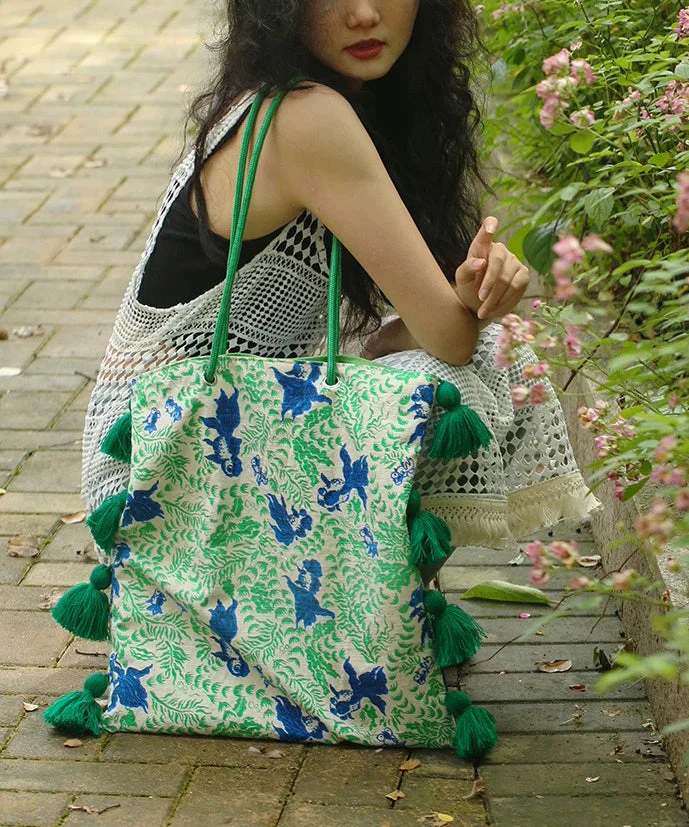 Art Green Tasseled Jacquard Cotton Ethnic Style Women Handbag - Image 4