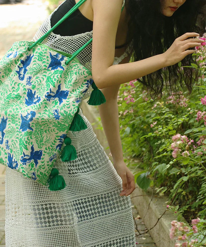 Art Green Tasseled Jacquard Cotton Ethnic Style Women Handbag - Image 5