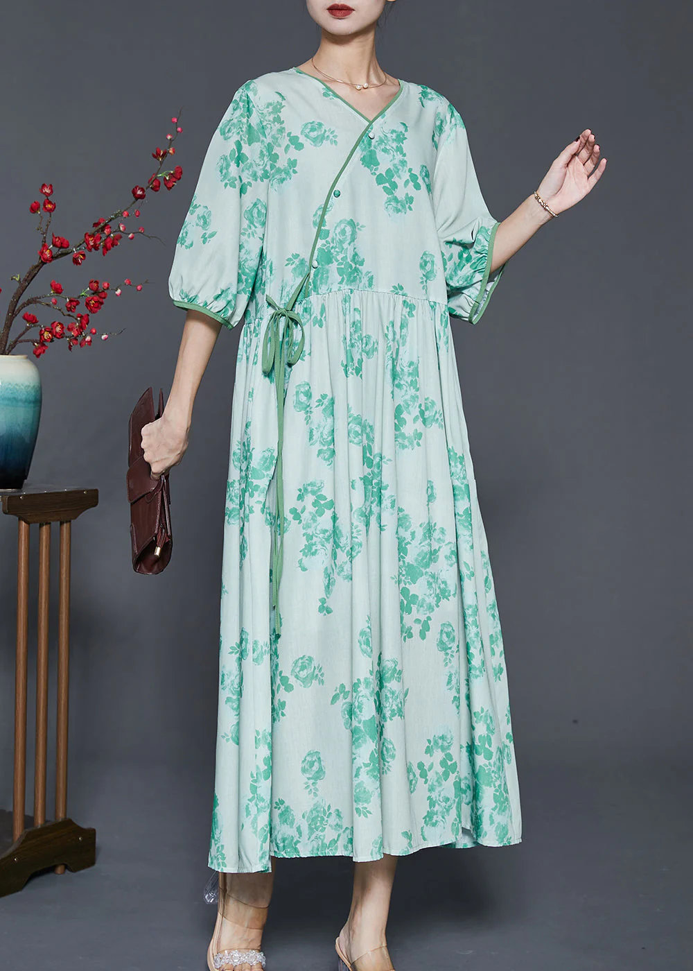 Art Green V Neck Print Linen Dress Spring - Image 3