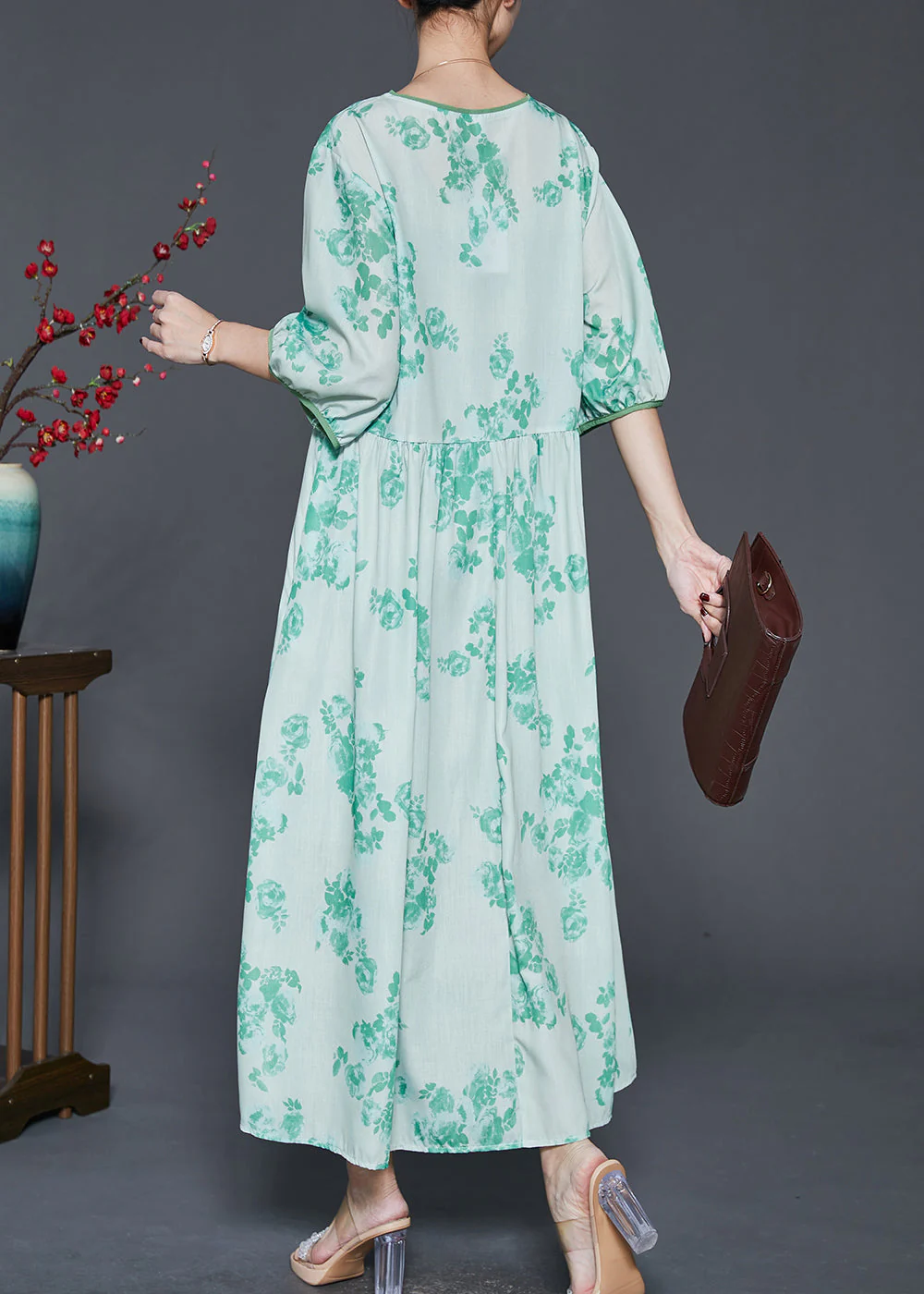 Art Green V Neck Print Linen Dress Spring - Image 4