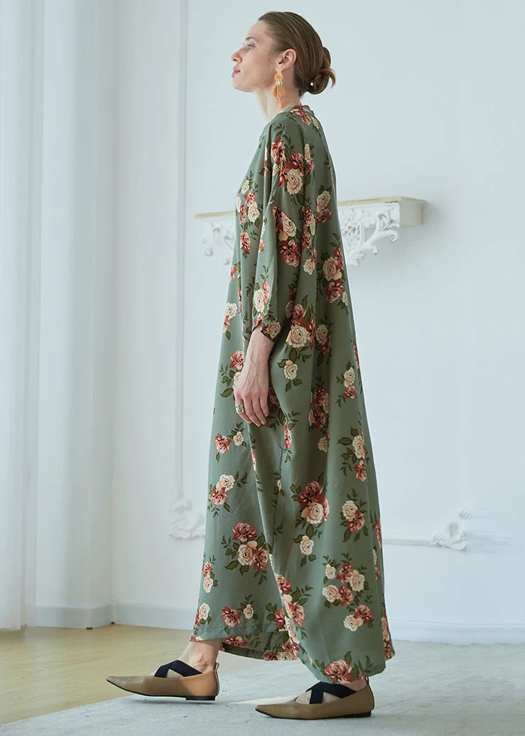 Art Green V Neck Print Pockets Chiffon Robe Dresses Summer - Image 4
