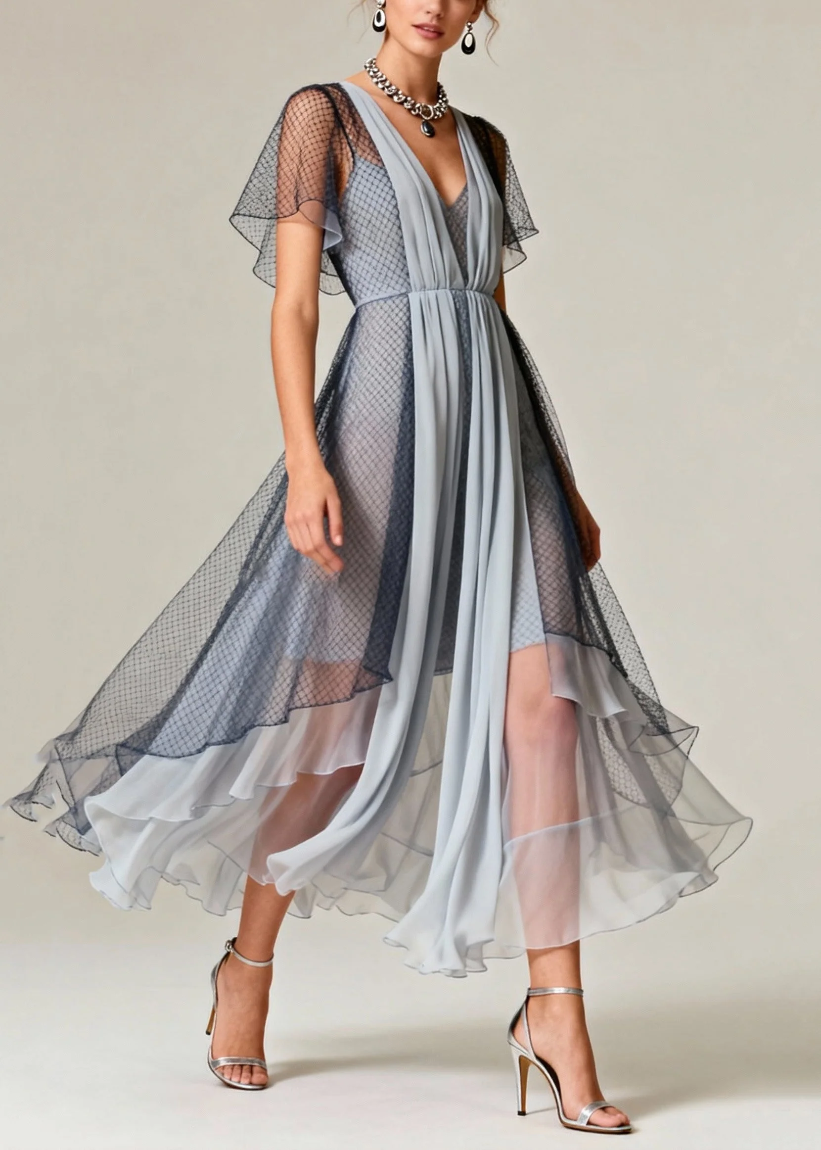 Art Grey Hollow Out Exra Large Hem Tulle Maxi Dresses Summer - Image 3