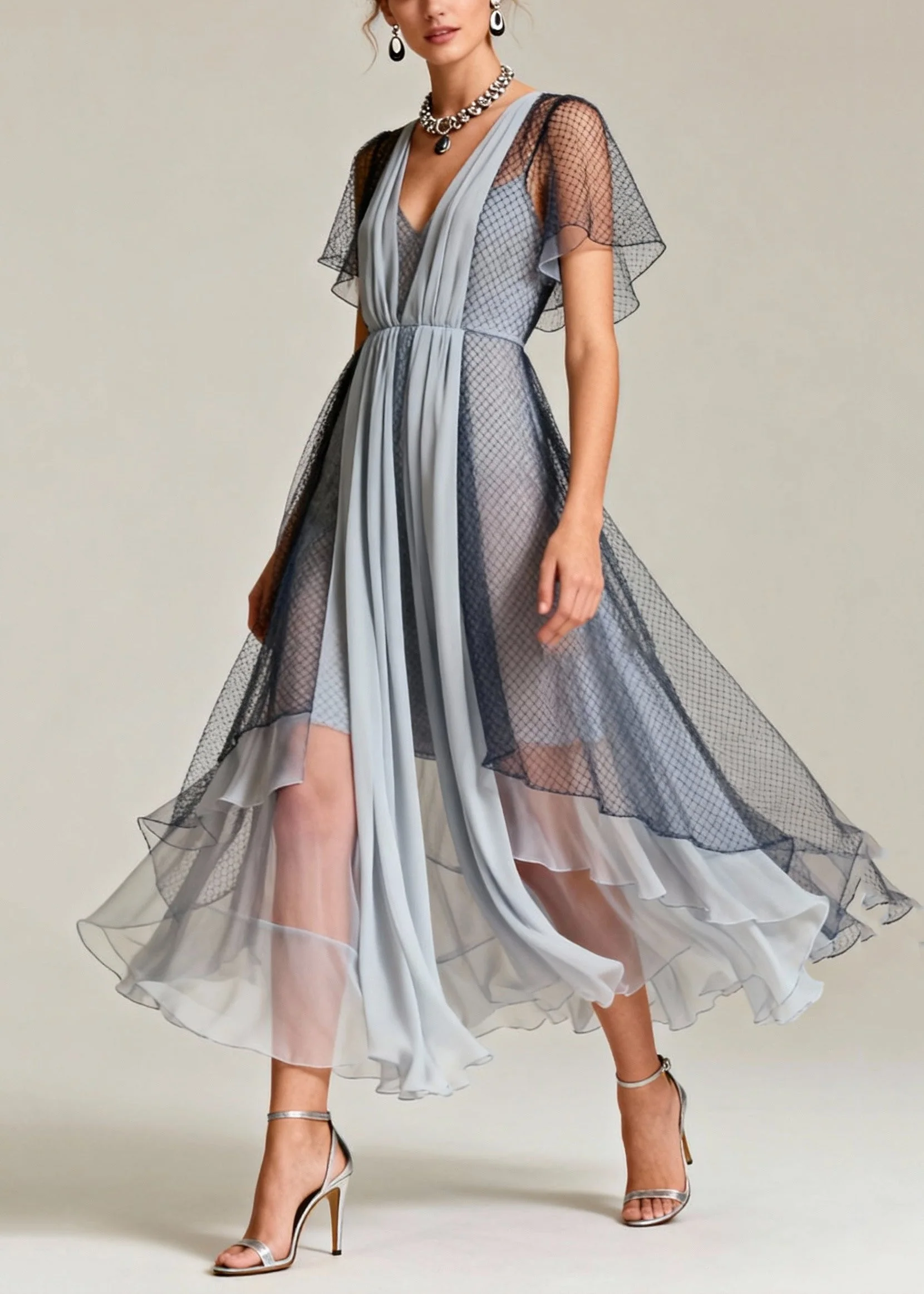 Art Grey Hollow Out Exra Large Hem Tulle Maxi Dresses Summer - Image 5