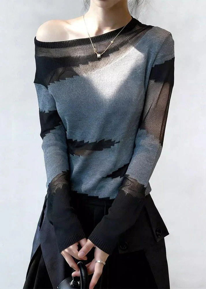 Art Grey Hollow Out Patchwork Thin Knit T Shirts Spring - Image 2