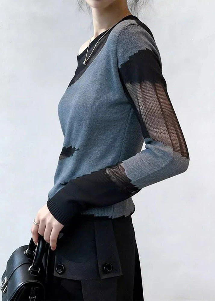 Art Grey Hollow Out Patchwork Thin Knit T Shirts Spring - Image 3