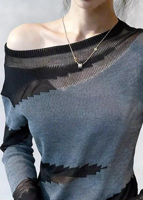 Art Grey Hollow Out Patchwork Thin Knit T Shirts Spring - Image 4