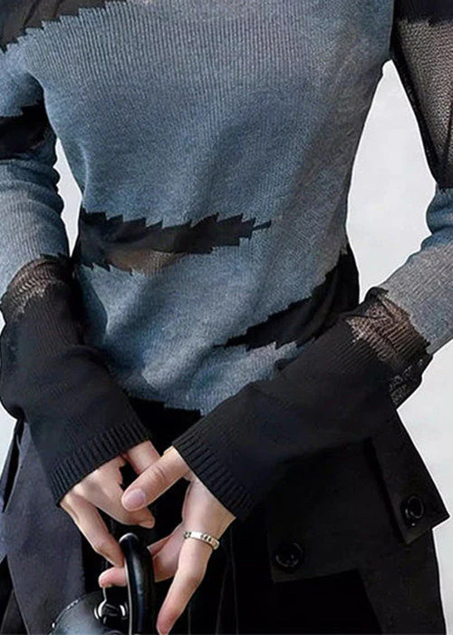 Art Grey Hollow Out Patchwork Thin Knit T Shirts Spring - Image 5