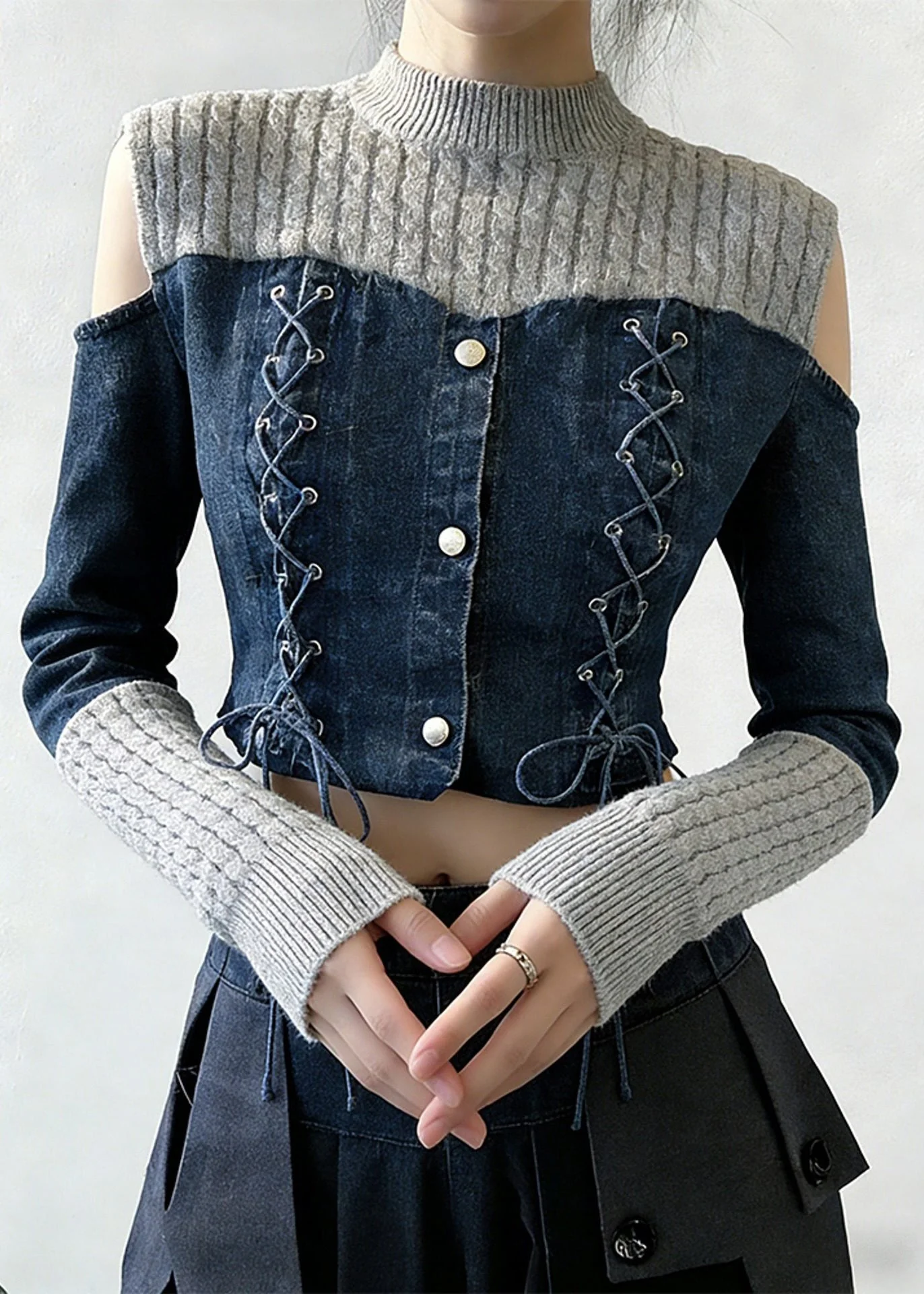 Art Grey Lace Up Blue Patchwork False Two Pieces Tops Spring - Image 2