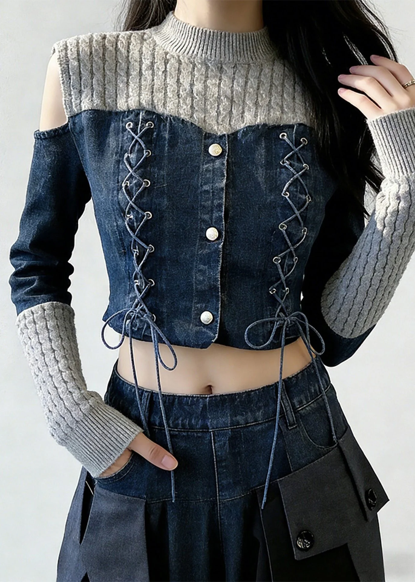 Art Grey Lace Up Blue Patchwork False Two Pieces Tops Spring - Image 3