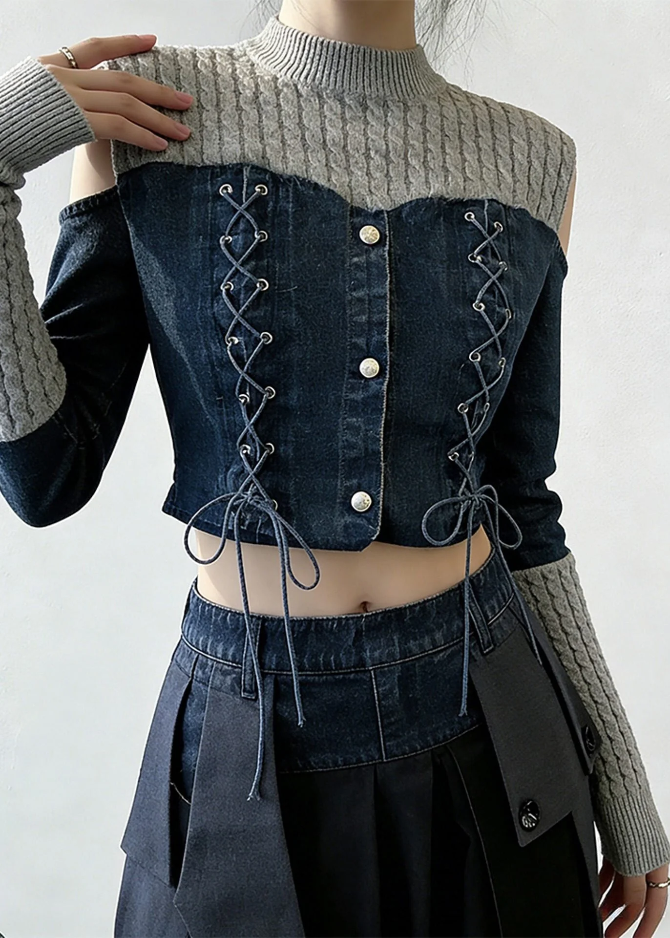 Art Grey Lace Up Blue Patchwork False Two Pieces Tops Spring - Image 4