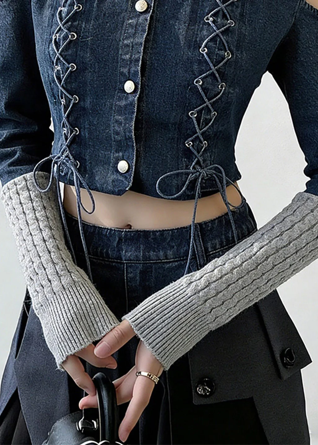 Art Grey Lace Up Blue Patchwork False Two Pieces Tops Spring - Image 5