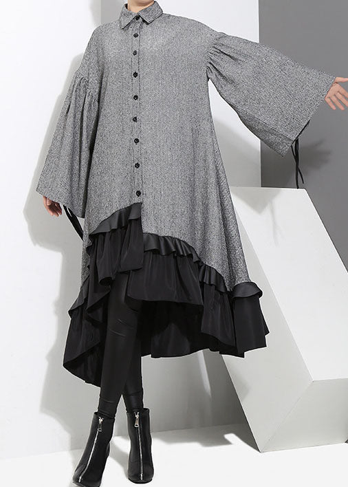 Art Grey low high design Ruffled Patchwork shirt Dress Spring - Image 2