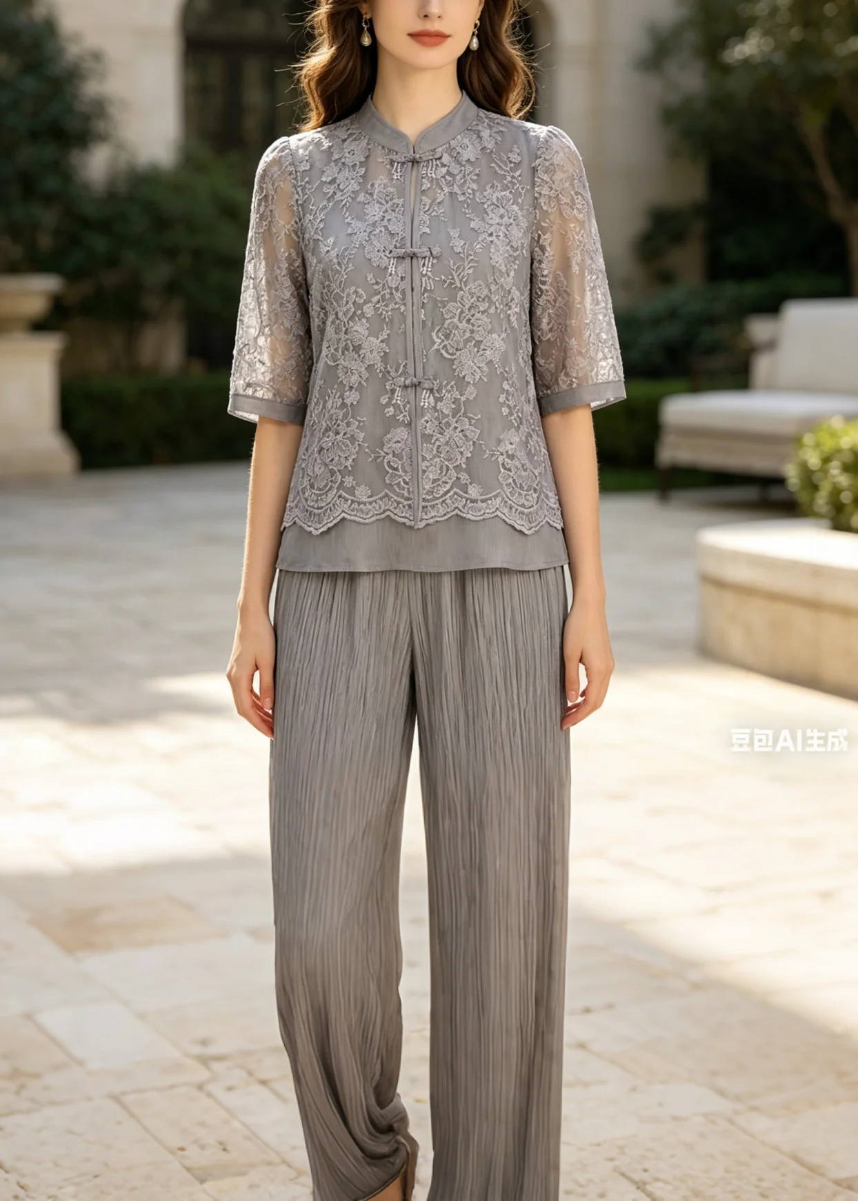 Art Grey Mandarin Collar Patchwork Lace Two Piece Set Outfits Summer - Image 5