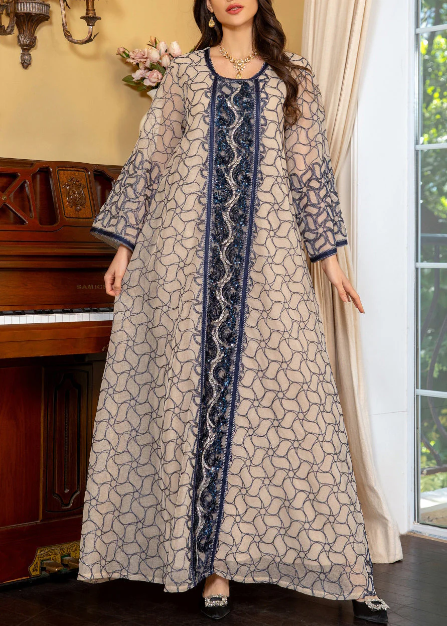 Art Grey O Neck Sequins Patchwork Tulle Long Dress Spring - Image 2