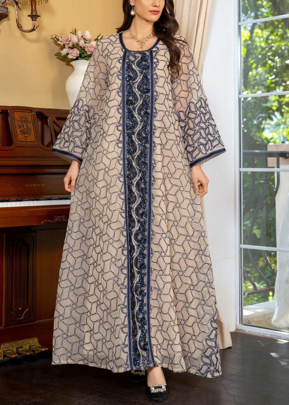 Art Grey O Neck Sequins Patchwork Tulle Long Dress Spring - Image 3
