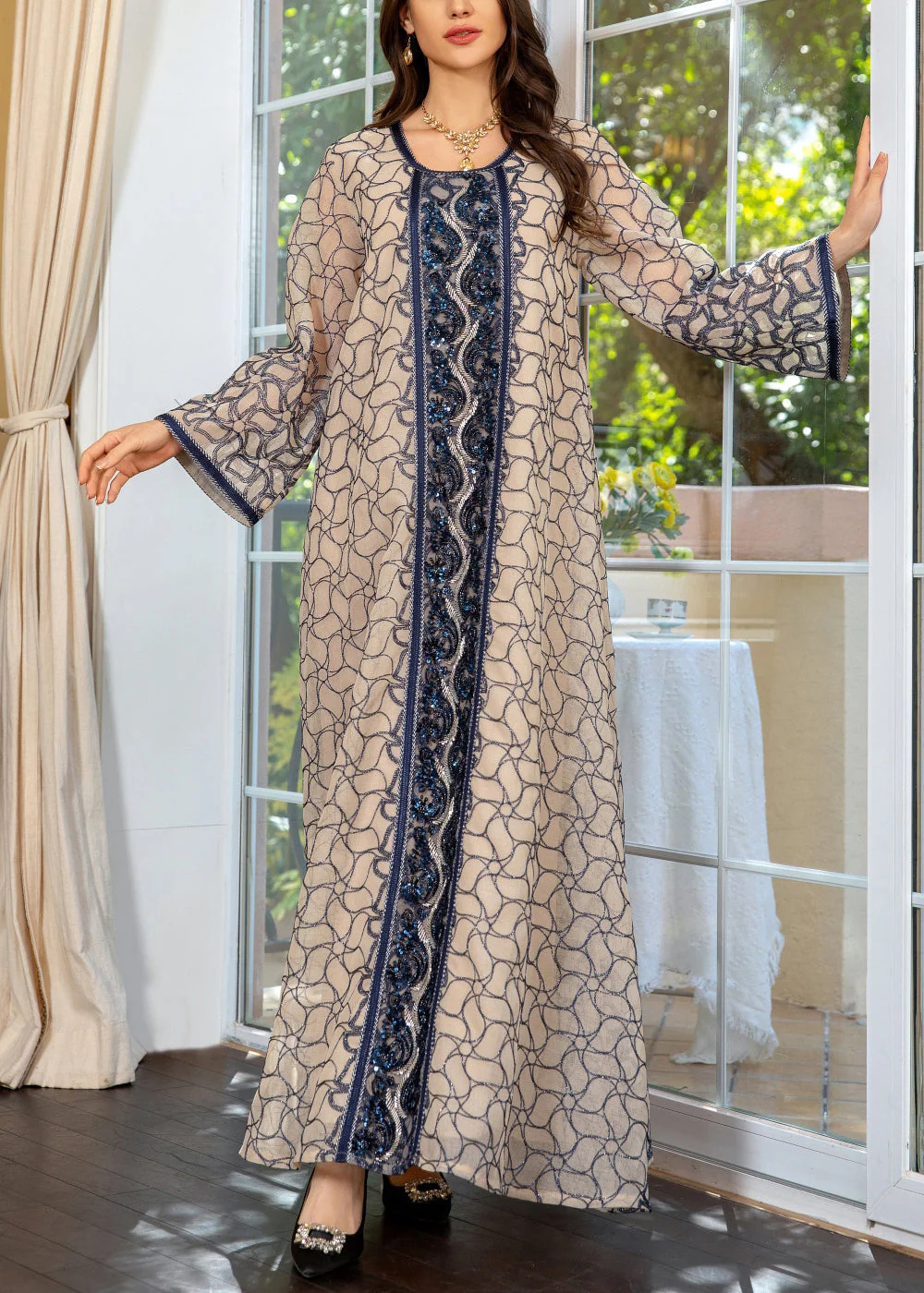 Art Grey O Neck Sequins Patchwork Tulle Long Dress Spring - Image 4