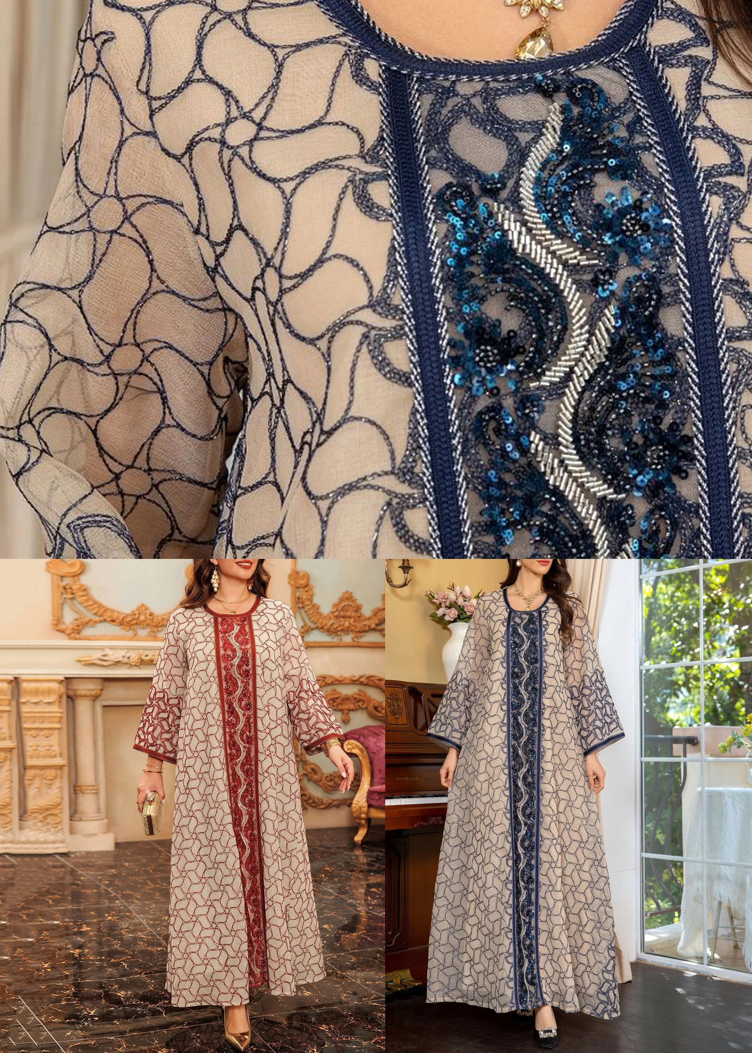 Art Grey O Neck Sequins Patchwork Tulle Long Dress Spring - Image 5