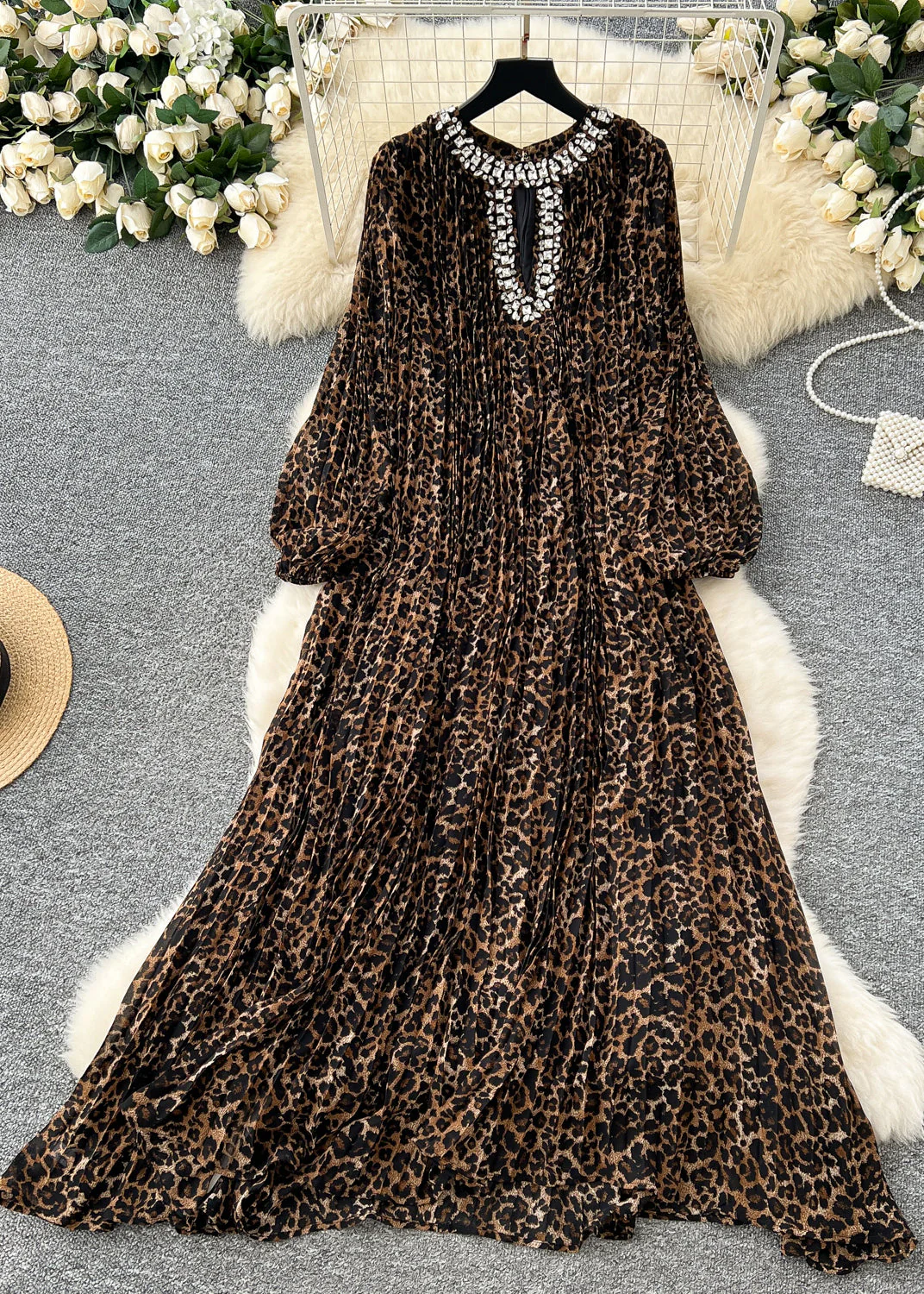 Art Grey Oversized Leopard Print Chiffon Long Dresses Spring - Image 2