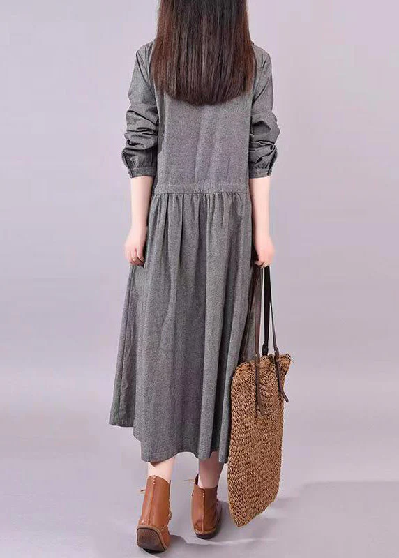 Art Grey Peter Pan Collar Drawstring Patchwork Cotton Dress Fall - Image 3