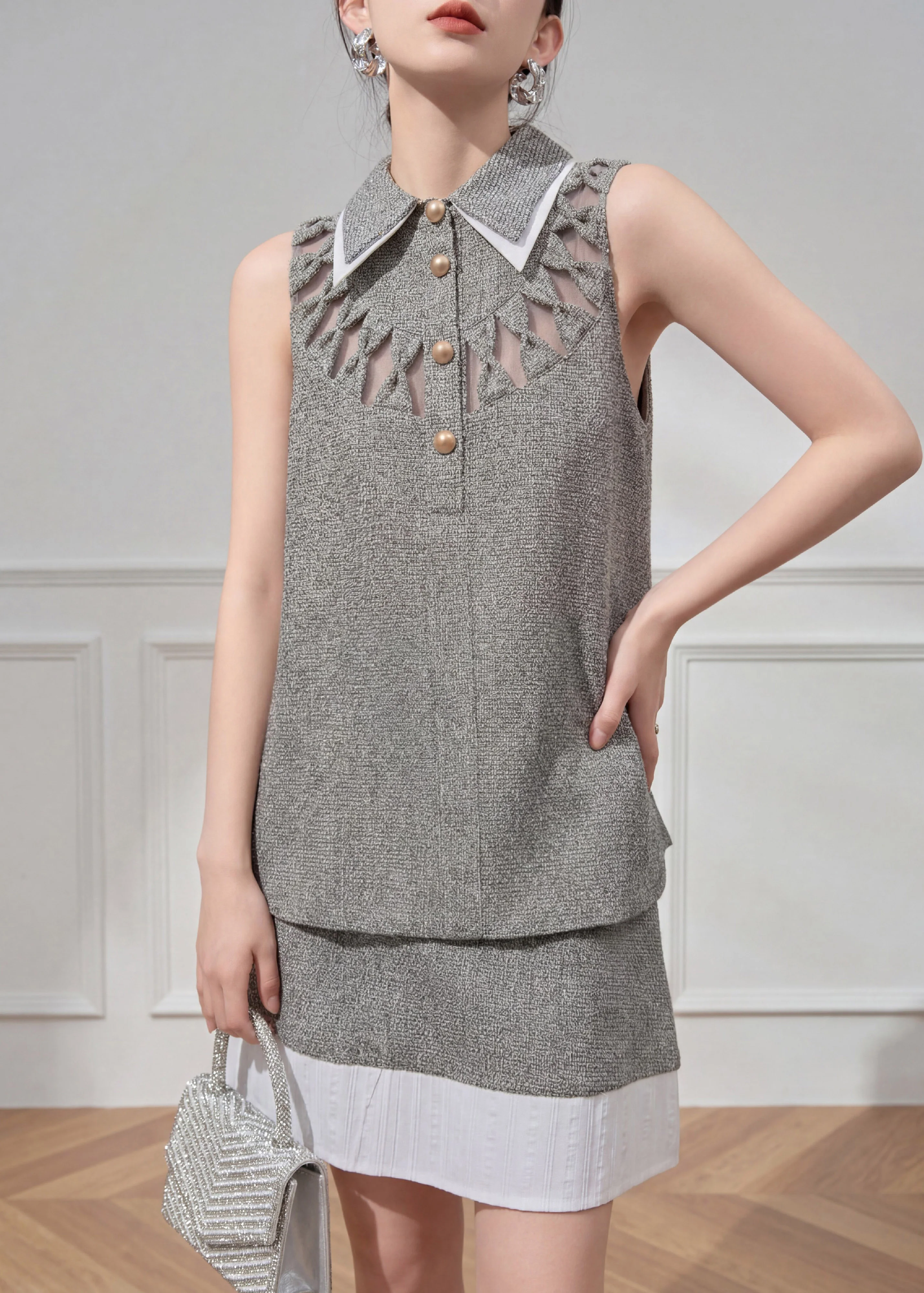Art Grey Peter Pan Collar Hollow Out Top And Skirts Two Pieces Set Summer - Image 3