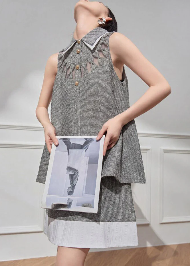Art Grey Peter Pan Collar Hollow Out Top And Skirts Two Pieces Set Summer - Image 4