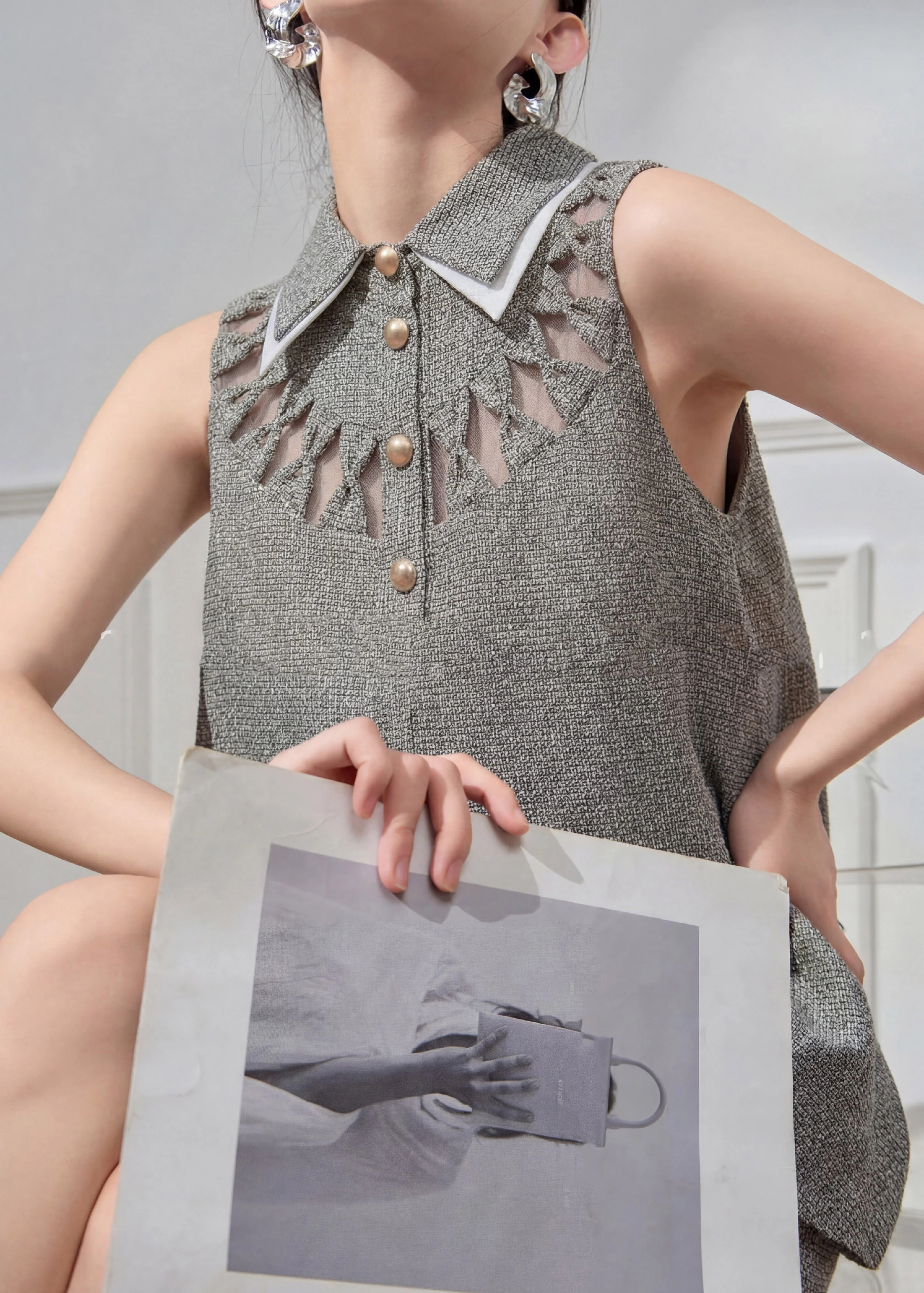 Art Grey Peter Pan Collar Hollow Out Top And Skirts Two Pieces Set Summer - Image 5