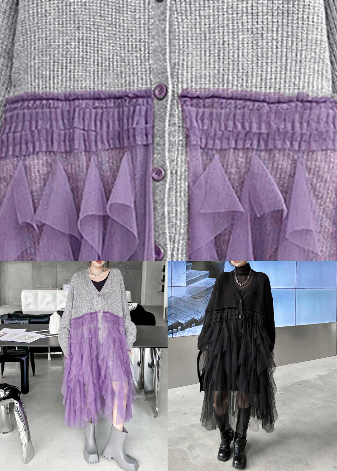 Art Grey Ruffled Tulle Patchwork Knit Cardigan Dress Fall - Image 5