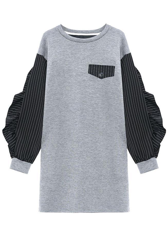 Art Grey Ruffles Patchwork Button Fall Dress Long Sleeve - Image 5