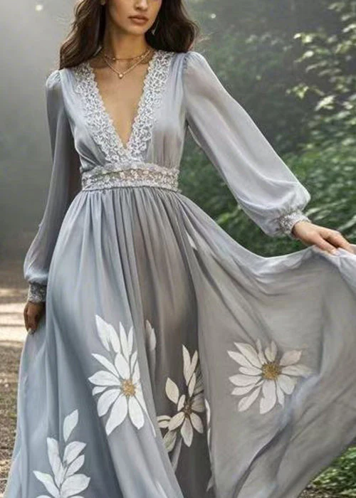 Art Grey V Neck Print Patchwork Chiffon Ankle Dress Spring - Image 2