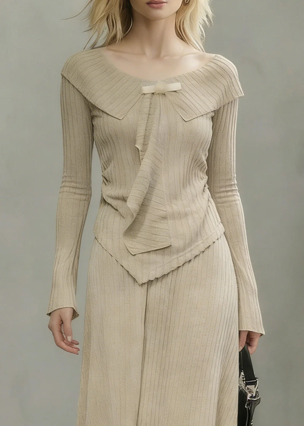 Art Khaki Asymmetrical Tops And Skirts Knit Two Pieces Set Spring - Image 2
