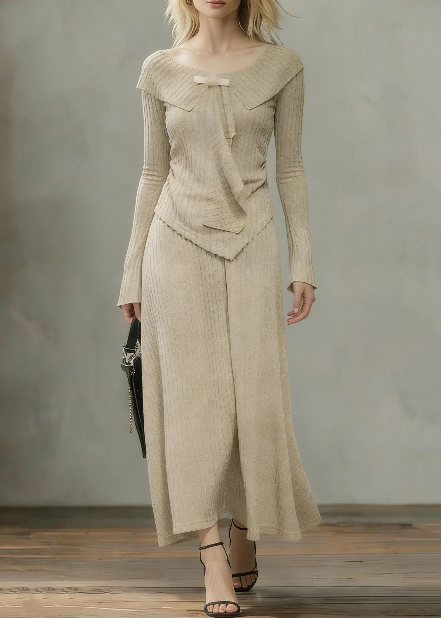 Art Khaki Asymmetrical Tops And Skirts Knit Two Pieces Set Spring - Image 3