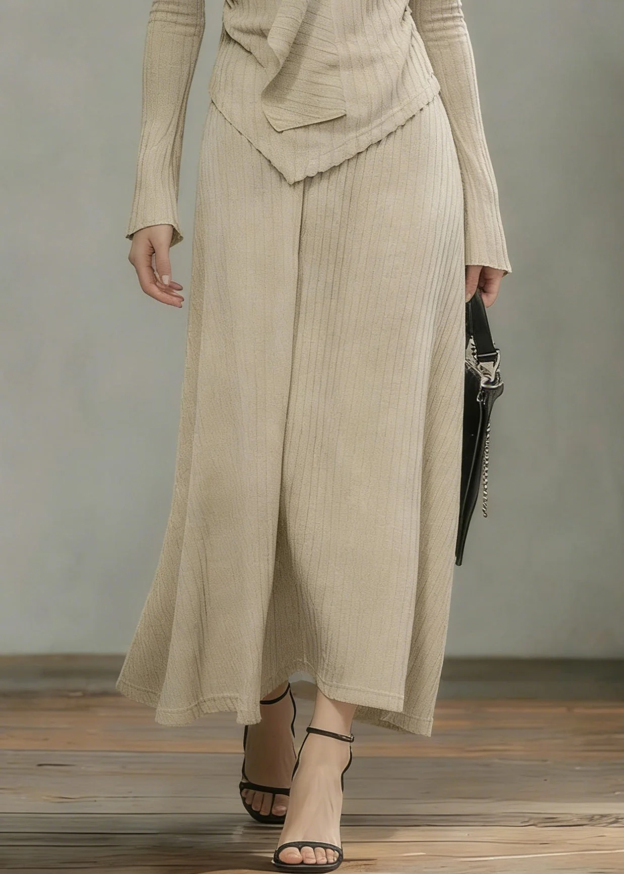 Art Khaki Asymmetrical Tops And Skirts Knit Two Pieces Set Spring - Image 4