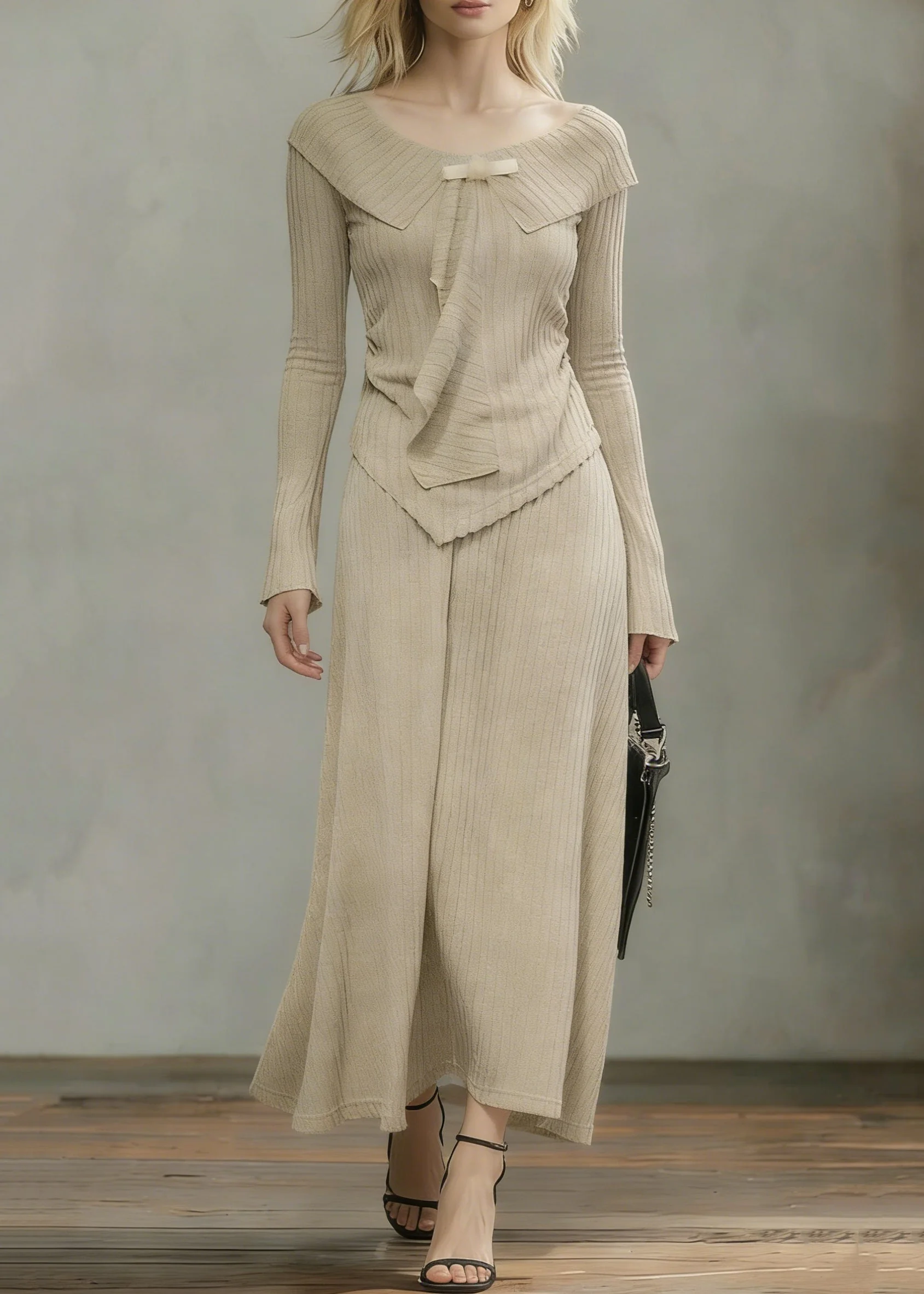 Art Khaki Asymmetrical Tops And Skirts Knit Two Pieces Set Spring - Image 5