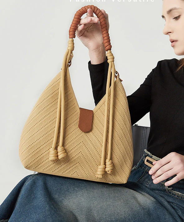 Art Khaki Hollow Out Tasseled Woven Shoulder Bags - Image 2